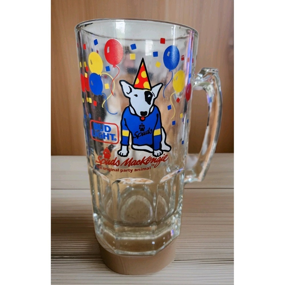 Bud Light Spuds Mackenzie Vintage Glass Mug 32 Oz. 1987‎ Bright Colors